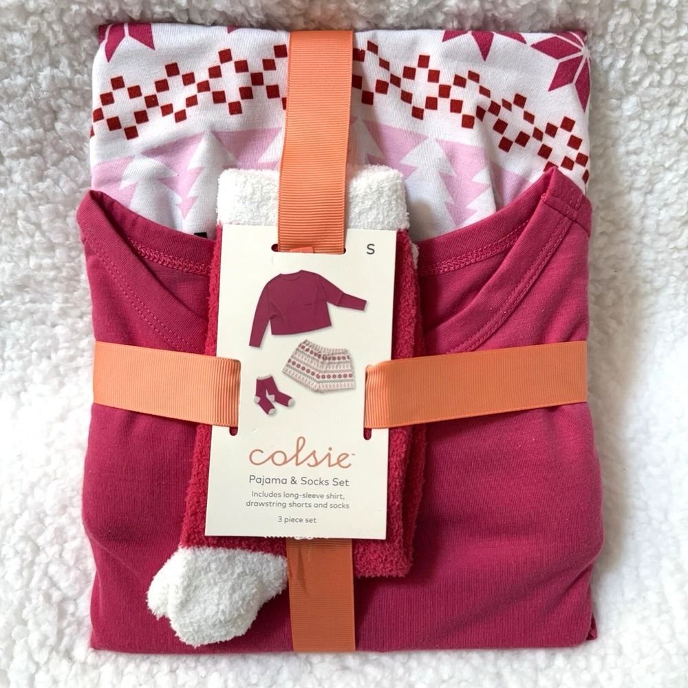 Colsie Womens 3pc Pajama Socks Set Pink Fair Isle Lounge Shorts Sleepwear S NWT!